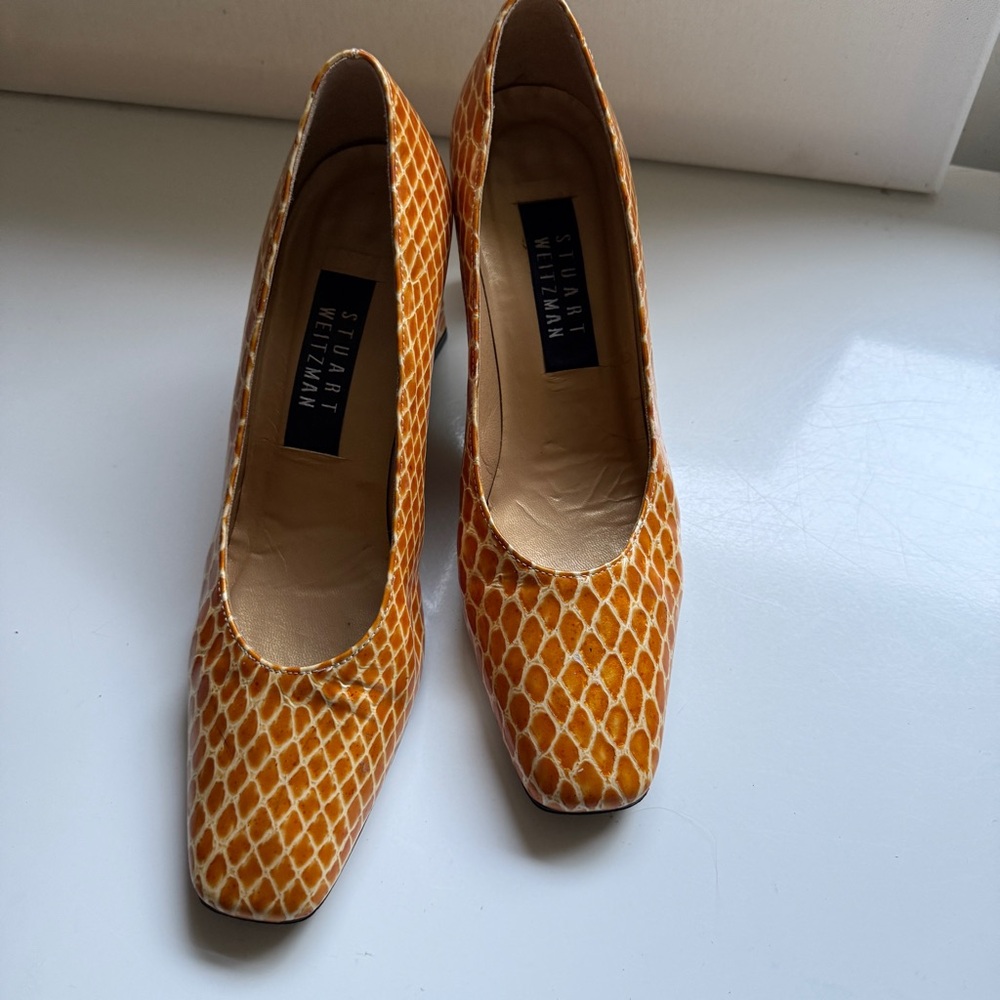 Stuart Weitzman Orange Patterned Block Heel Pumps Square Toe Size 7 - Picture 15 of 16